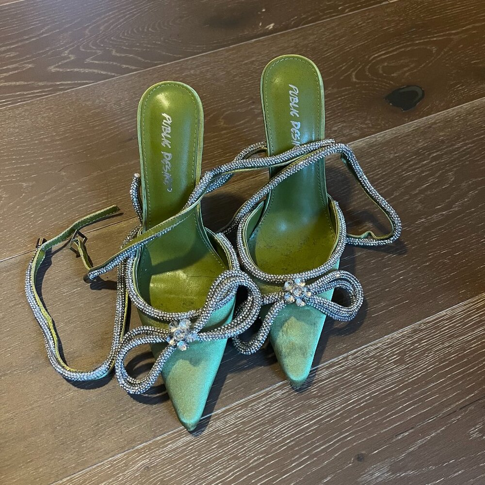 Public Desire green rhinestone wrap heels